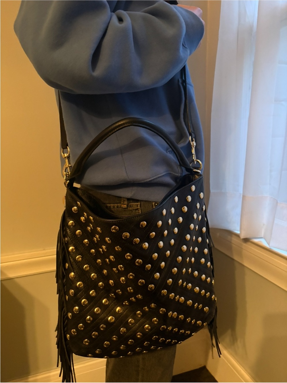 Rebecca Minkoff NWOT Large Black Studded Fringe Hobo Shoulder Two-Way Bag - Picture 10 of 12